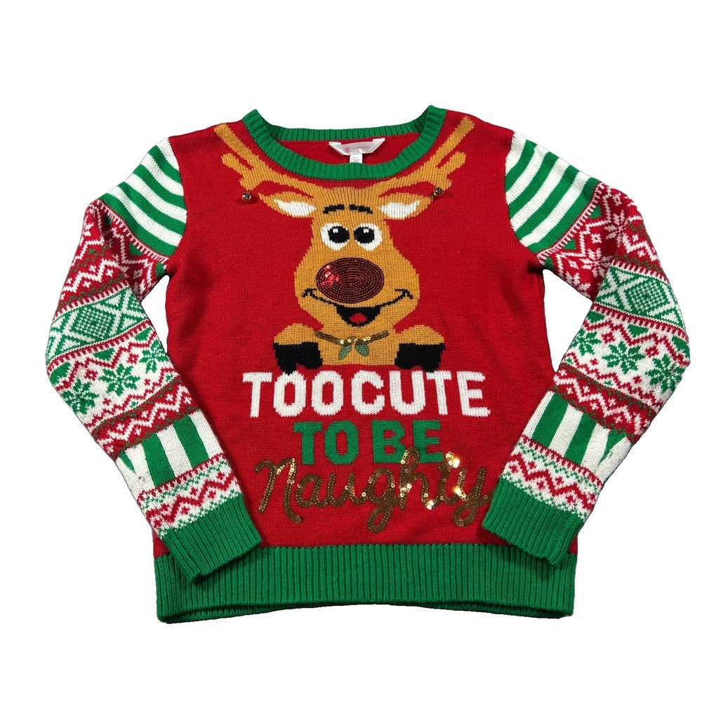 No Boundaries Too Cute To Be Naughty Reindeer Christmas Sweater Small Multicolor